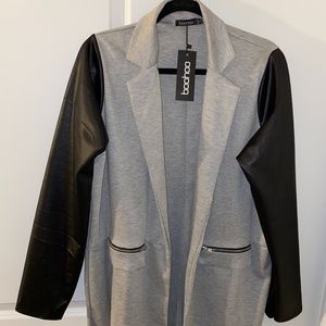 Plus Size Faux Leather Sleeve Jersey Duster Jacket